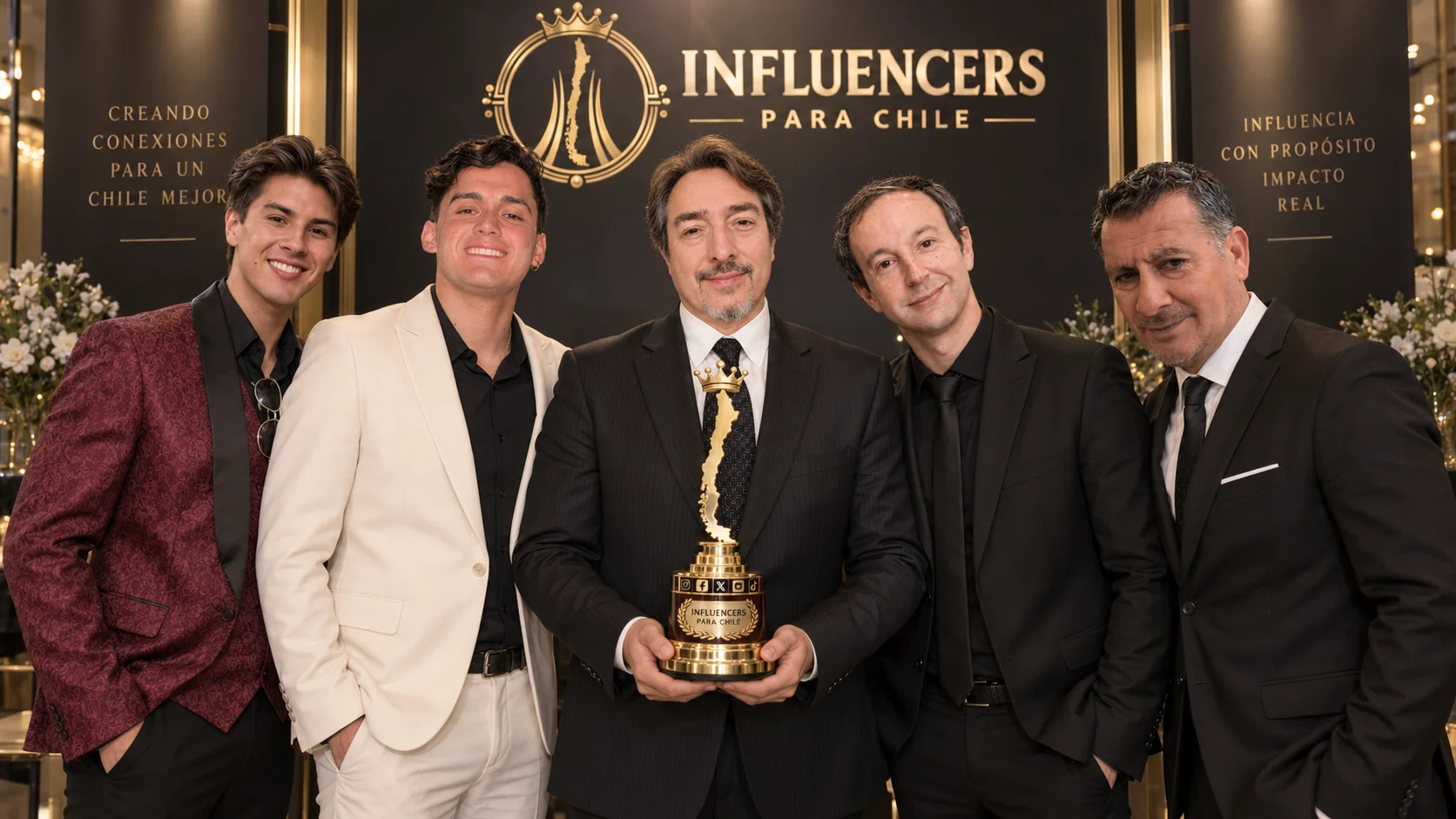 Los cinco integrantes del equipo fundador de Influencers para Chile, juntos frente al emblema de la plataforma.