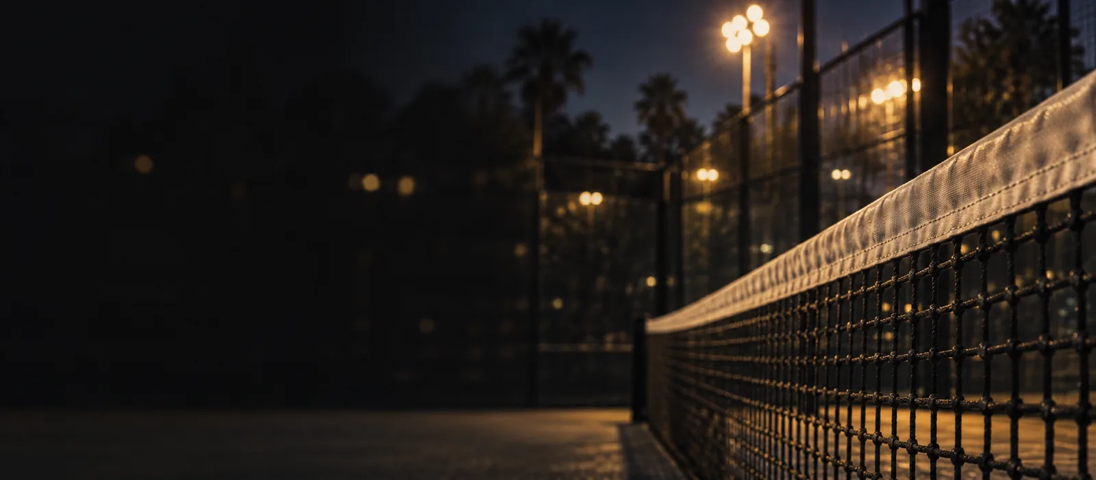 Red de una cancha de pádel iluminada al atardecer